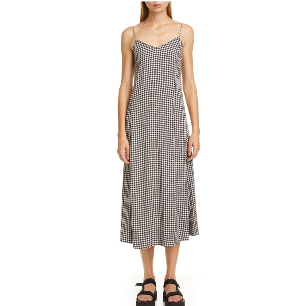 Ganni Gingham Crepe Print Midi Slip Dress